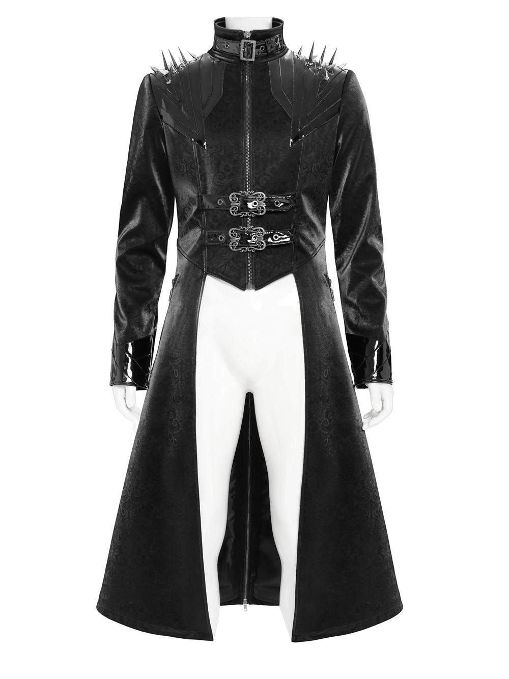 Men's Long Coat with Spikes and Metal Buckle Detail featuring studded shoulders and faux leather panels.