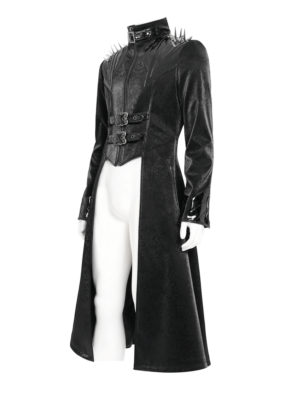Men's Long Coat with Spikes and Metal Buckle Detail featuring studded shoulders and faux leather panels.