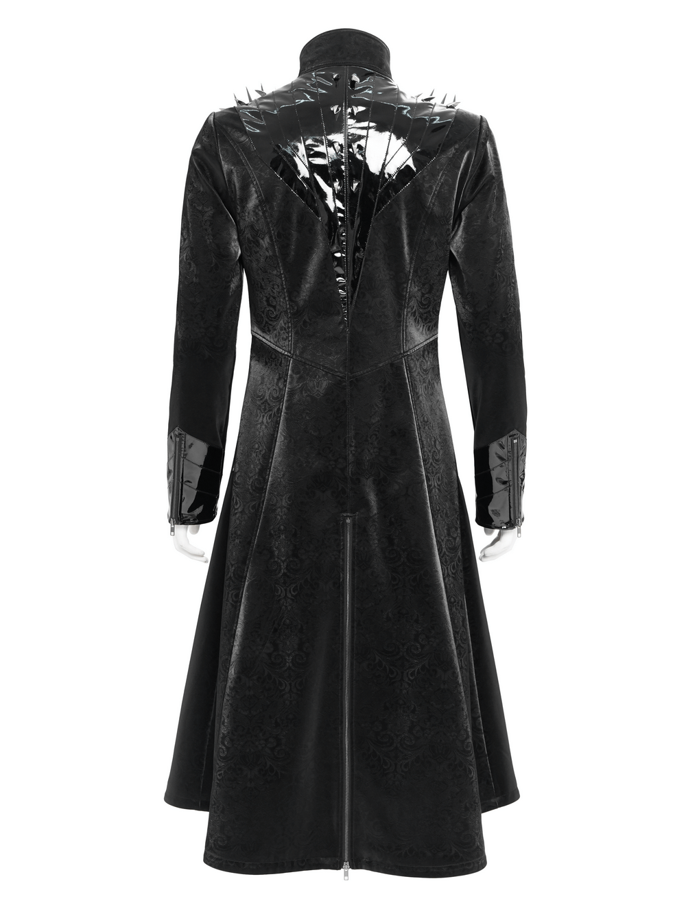 Men's Long Coat with Spikes and Metal Buckle Detail - back view featuring embossed black velvet and sharp spikes