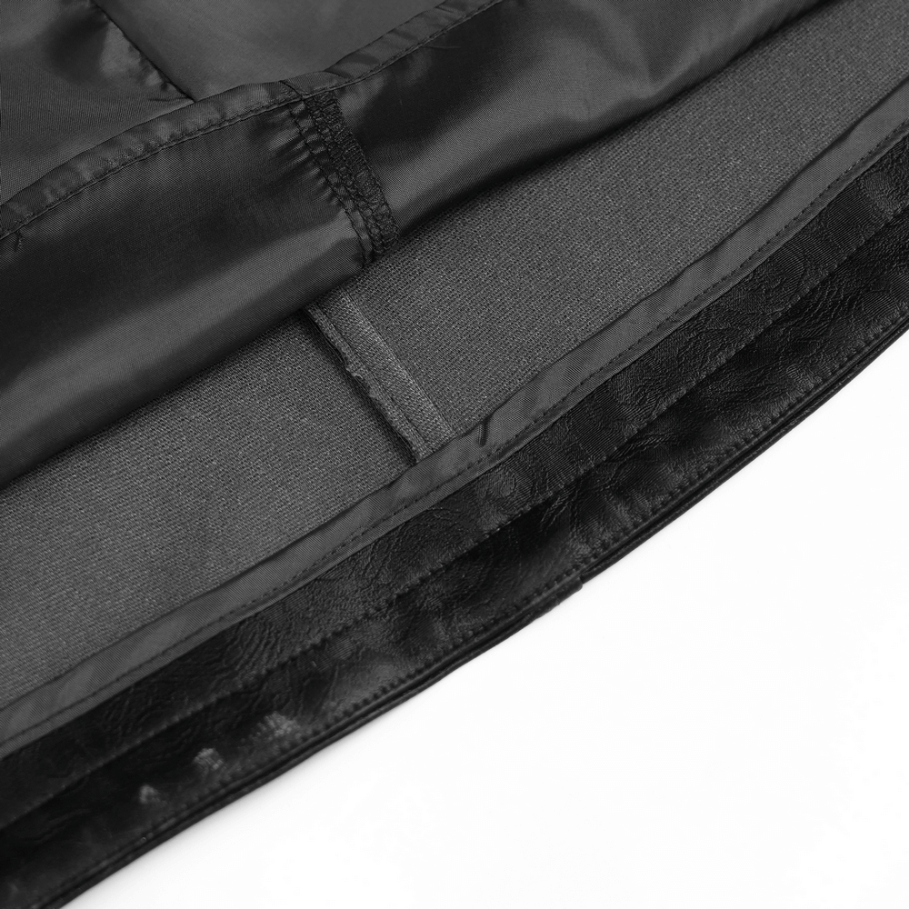 Men's Long Coat with Spikes and Metal Buckle Detail inner lining and textured fabric close-up