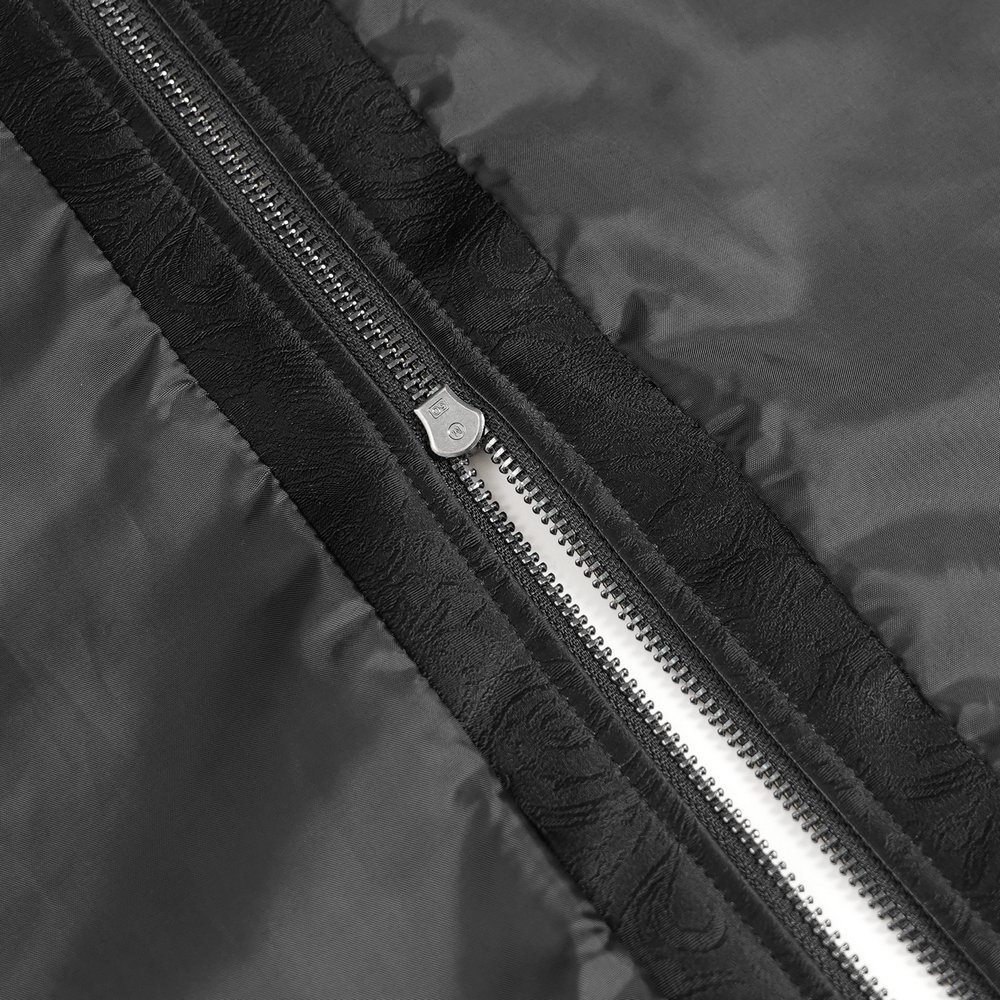 Men's Long Coat with Spikes and Metal Buckle Detail zipper detail in embossed black velvet fabric.