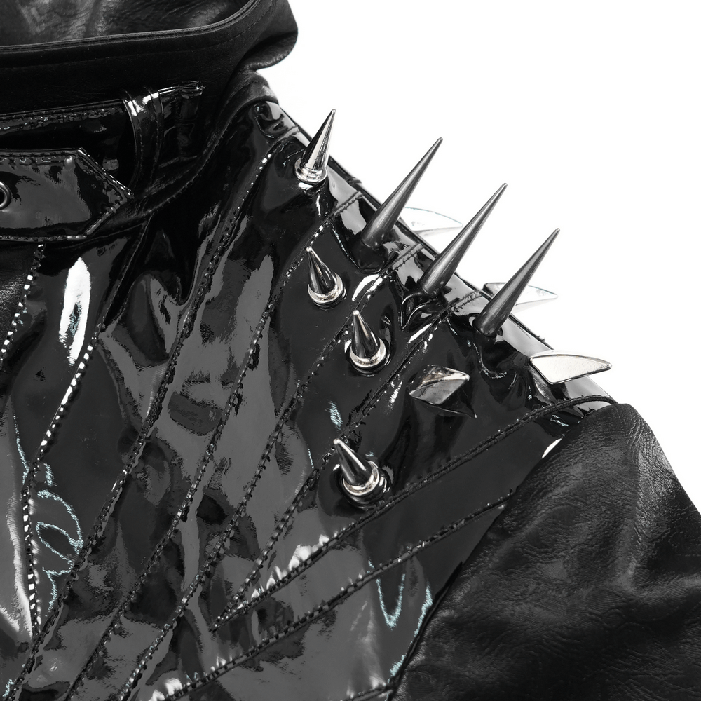 Men's Long Coat with Spikes and Metal Buckle Detail featuring sharp shoulder spikes and glossy black texture.
