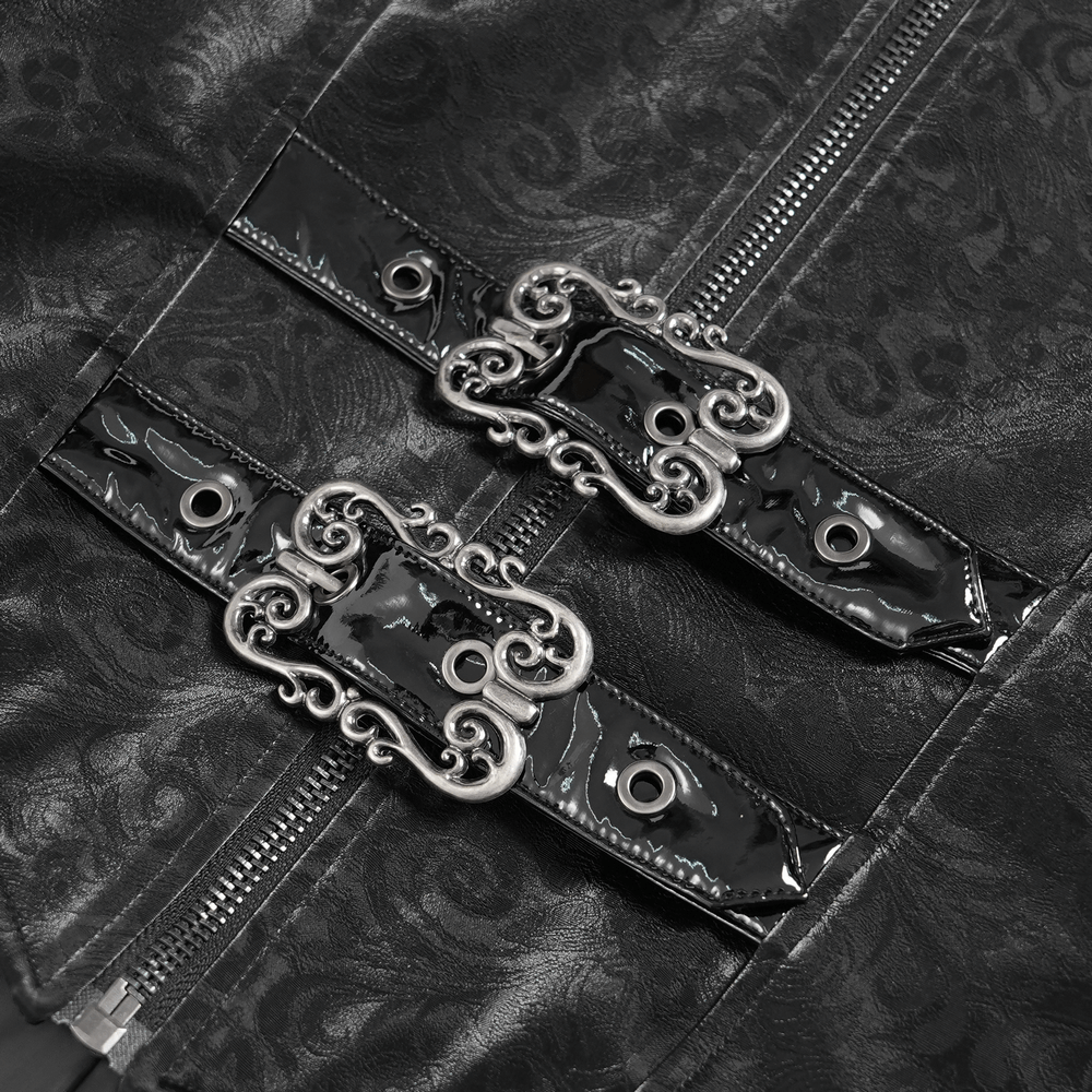 Men's Long Coat with Spikes and Metal Buckle Detail featuring ornate metal buckles on black velvet fabric.