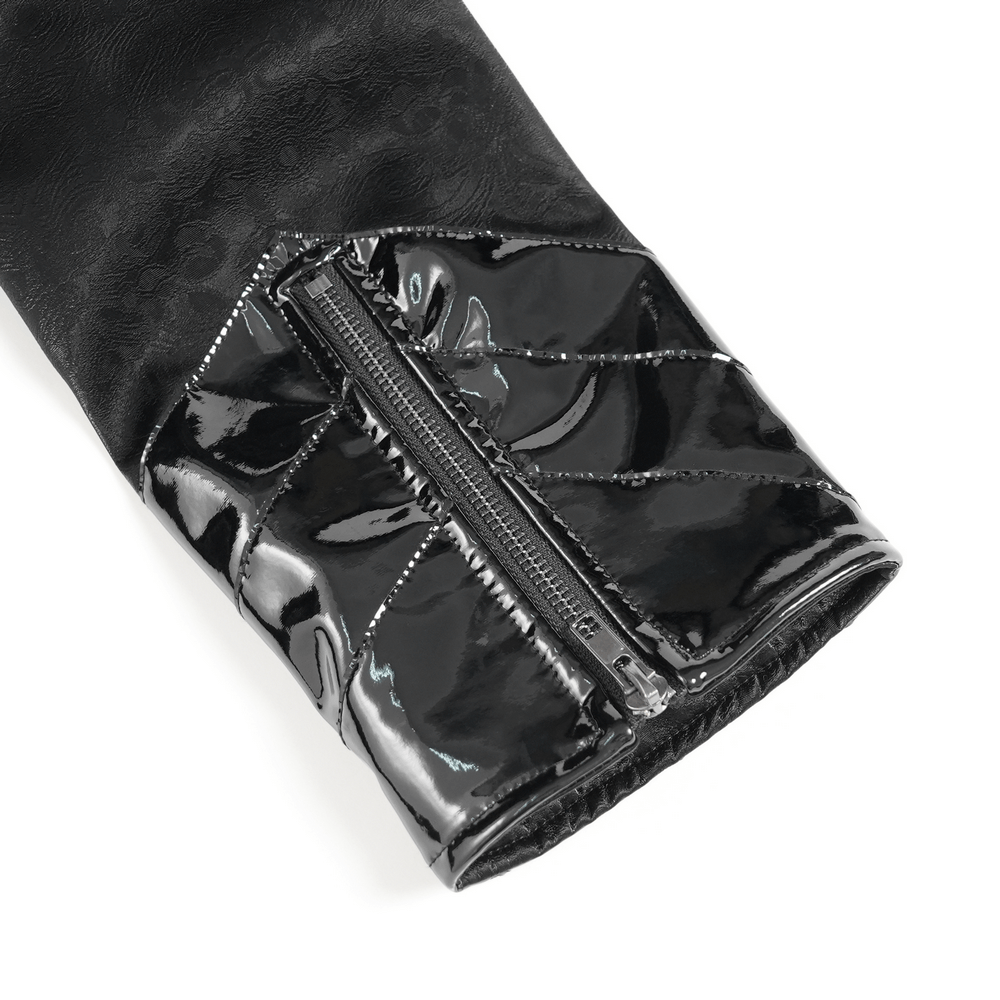 Men's Long Coat with Spikes and Metal Buckle Detail sleeve with glossy faux leather zippered cuff.