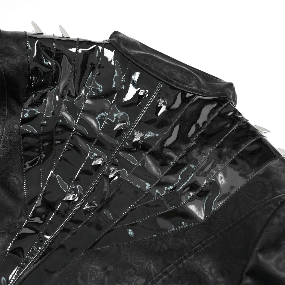 Men's Long Coat with Spikes and Metal Buckle Detail featuring studded shoulders and glossy back insert.