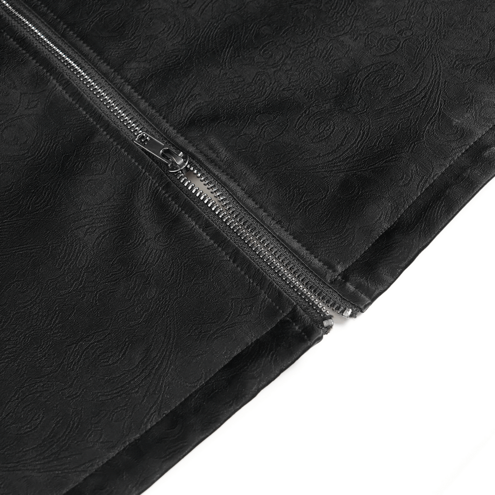 Men's Long Coat with Spikes and Metal Buckle Detail close-up of zipper detail on embossed black velvet fabric.