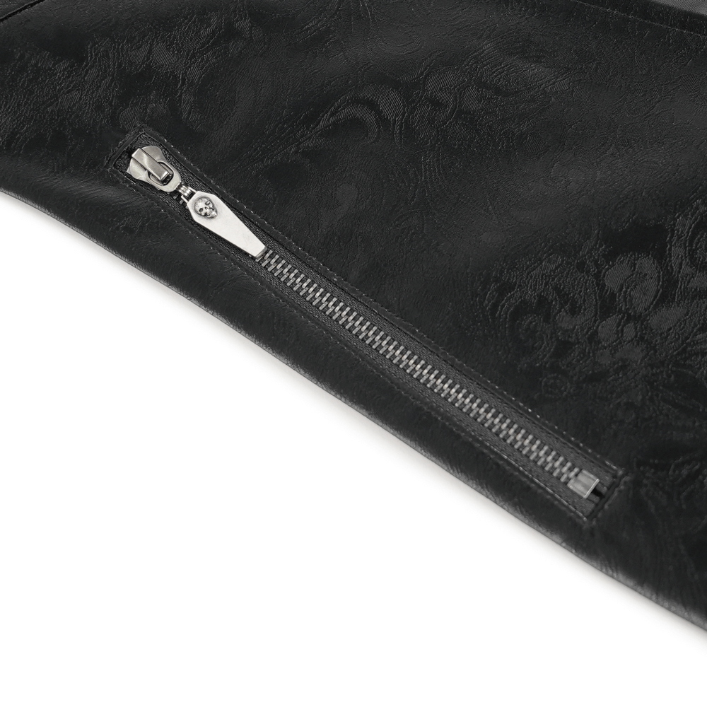 Close-up detail of the zipper on the Men's Long Coat with Spikes and Metal Buckle Detail in embossed black velvet.