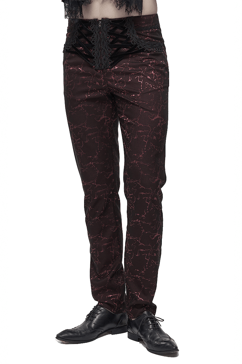 Men's Gothic Style Red Lace-Up Slim-Fit Trousers with Vintage Design