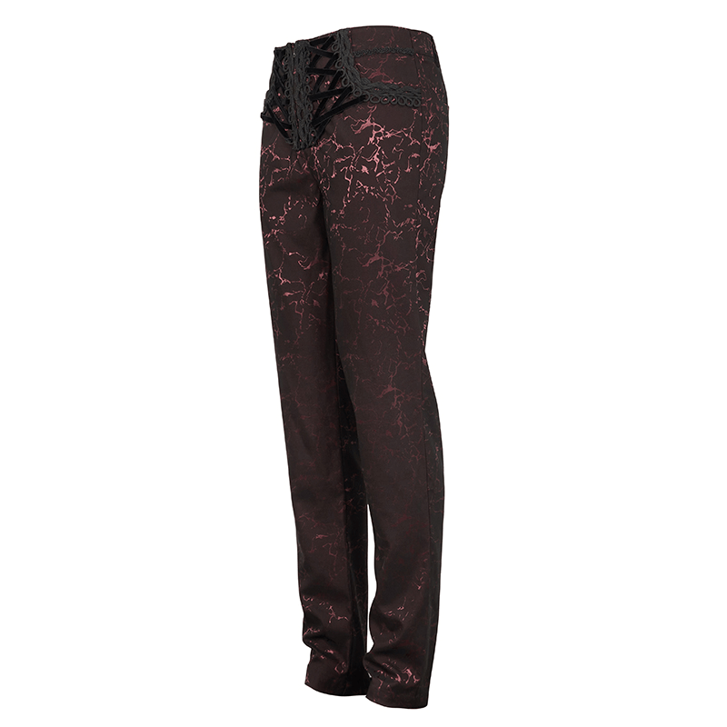 Red men's gothic style trousers with lace-up detail, slim-fit vintage design.