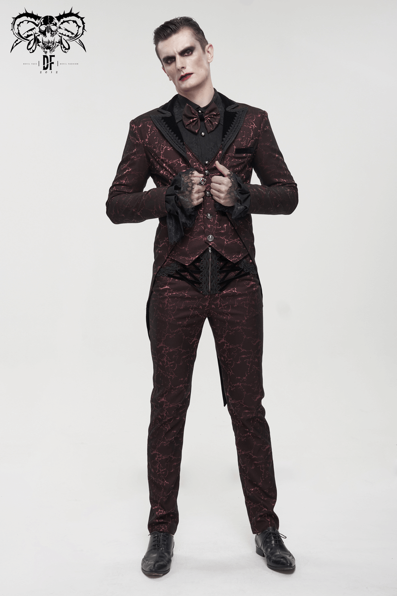 Men's red slim-fit gothic trousers with lace-up detail, paired with a matching vintage jacket. European sale on unique gothic clothing.