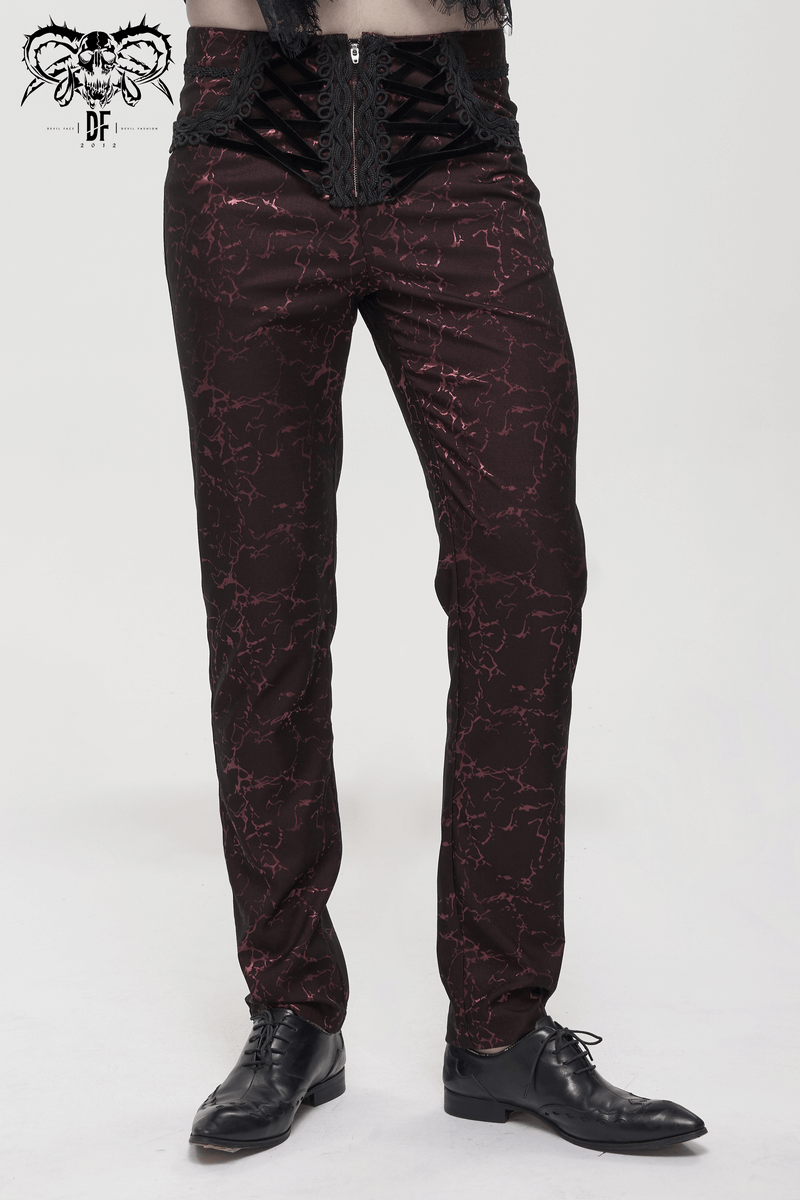 Men's gothic red trousers with lace-up design and vintage pattern, showcasing slim-fit style for a bold European fashion statement.