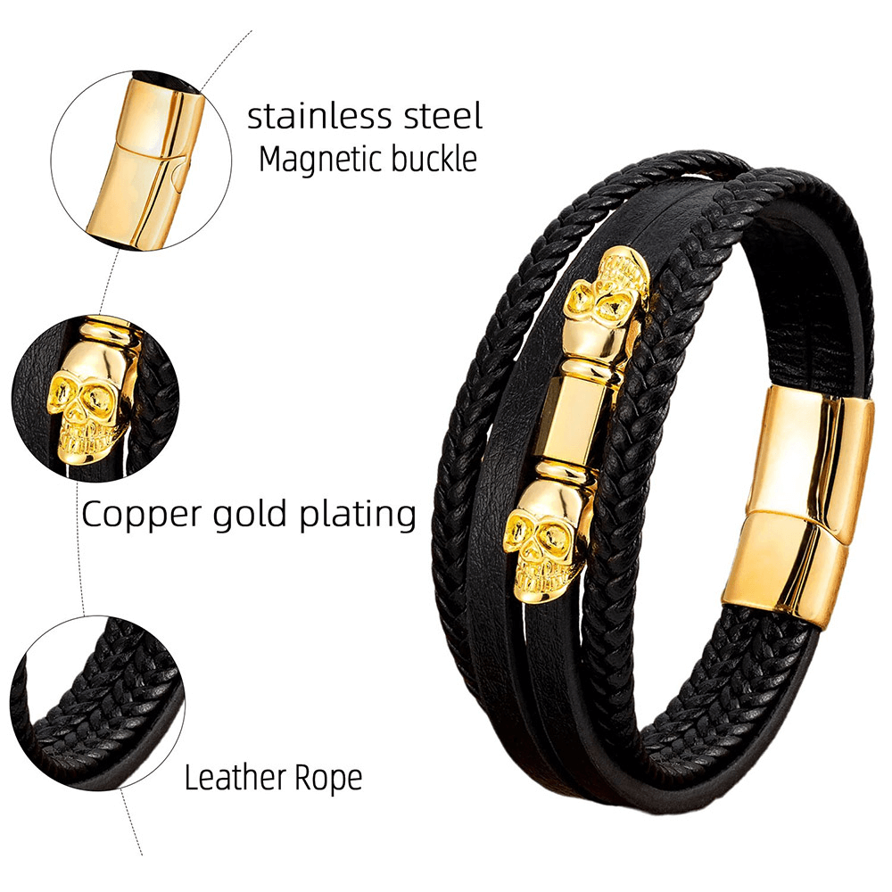 Men's multilayer faux leather bracelet with skull charm, stainless steel magnet clasp, and copper gold plating.