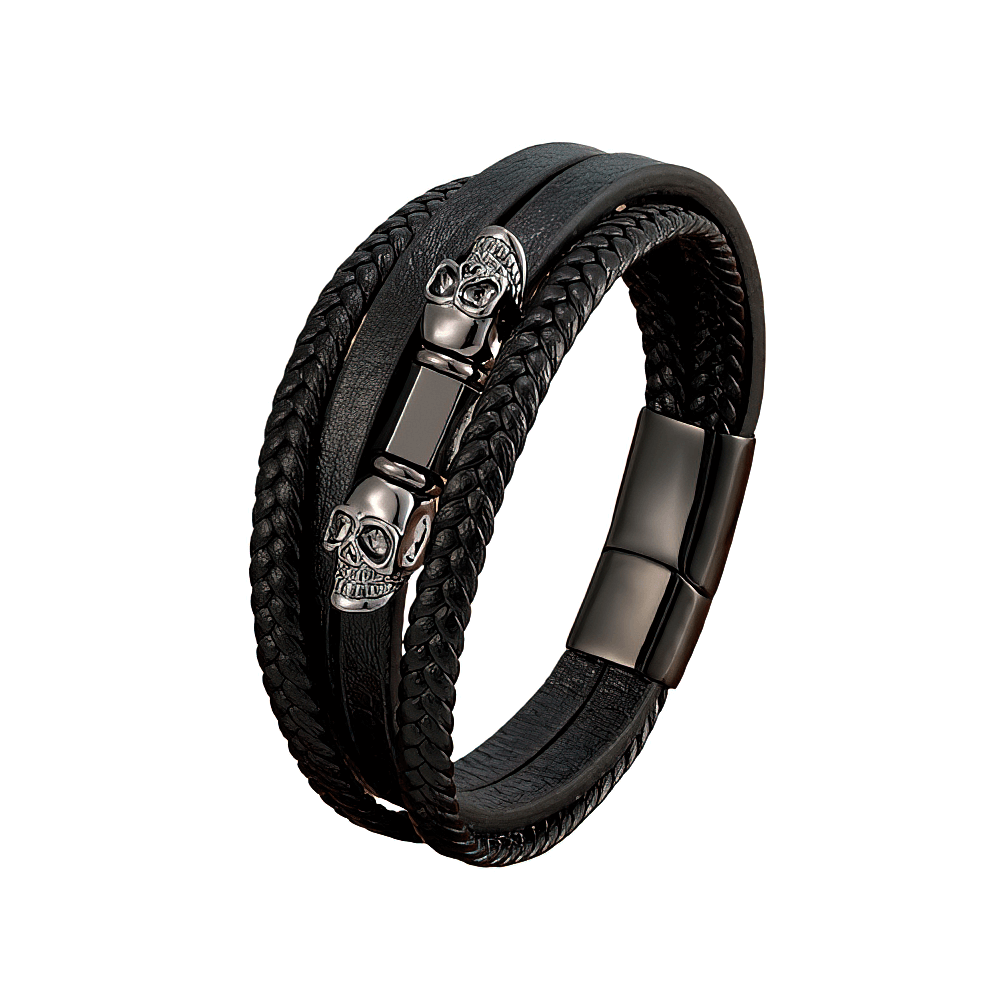 Men's gothic multilayer faux leather bracelet with skull charm and magnet clasp, perfect edgy fashion accessory.