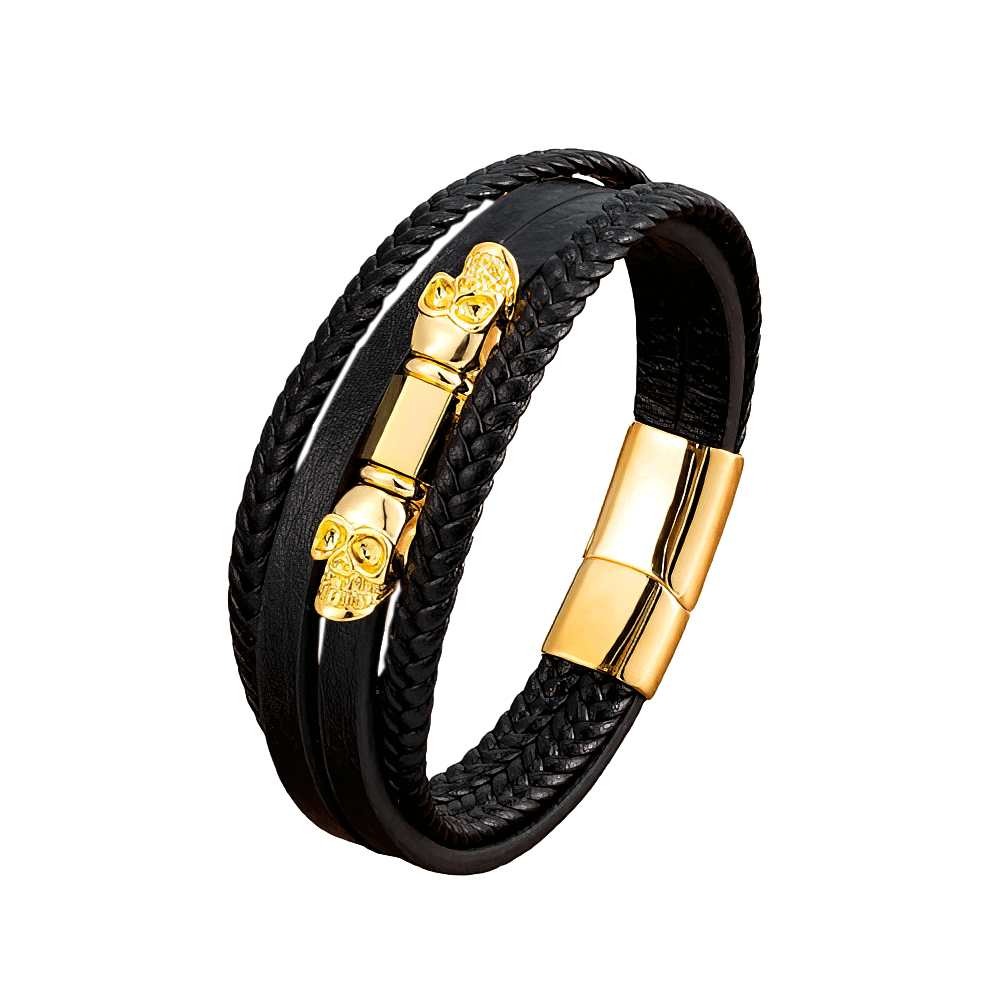 Men's multilayer faux leather bracelet with gold skeleton charm and magnet clasp, perfect for gothic fashion enthusiasts.