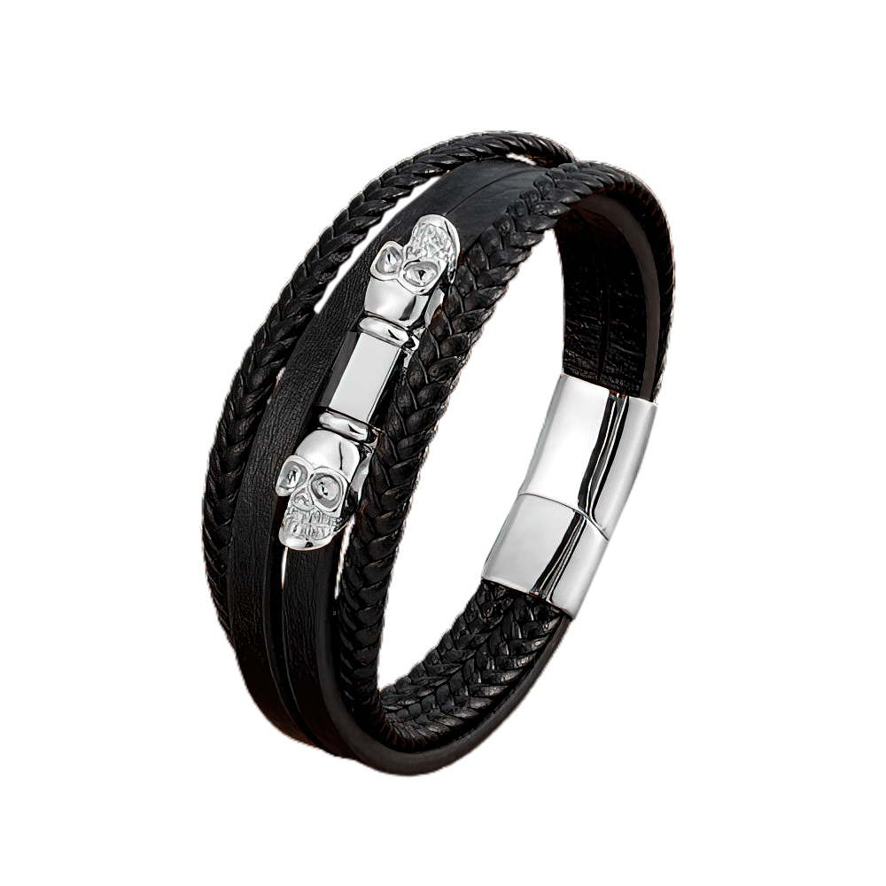 Men's multilayer faux leather bracelet with skull charm and magnet clasp, perfect for edgy gothic style.