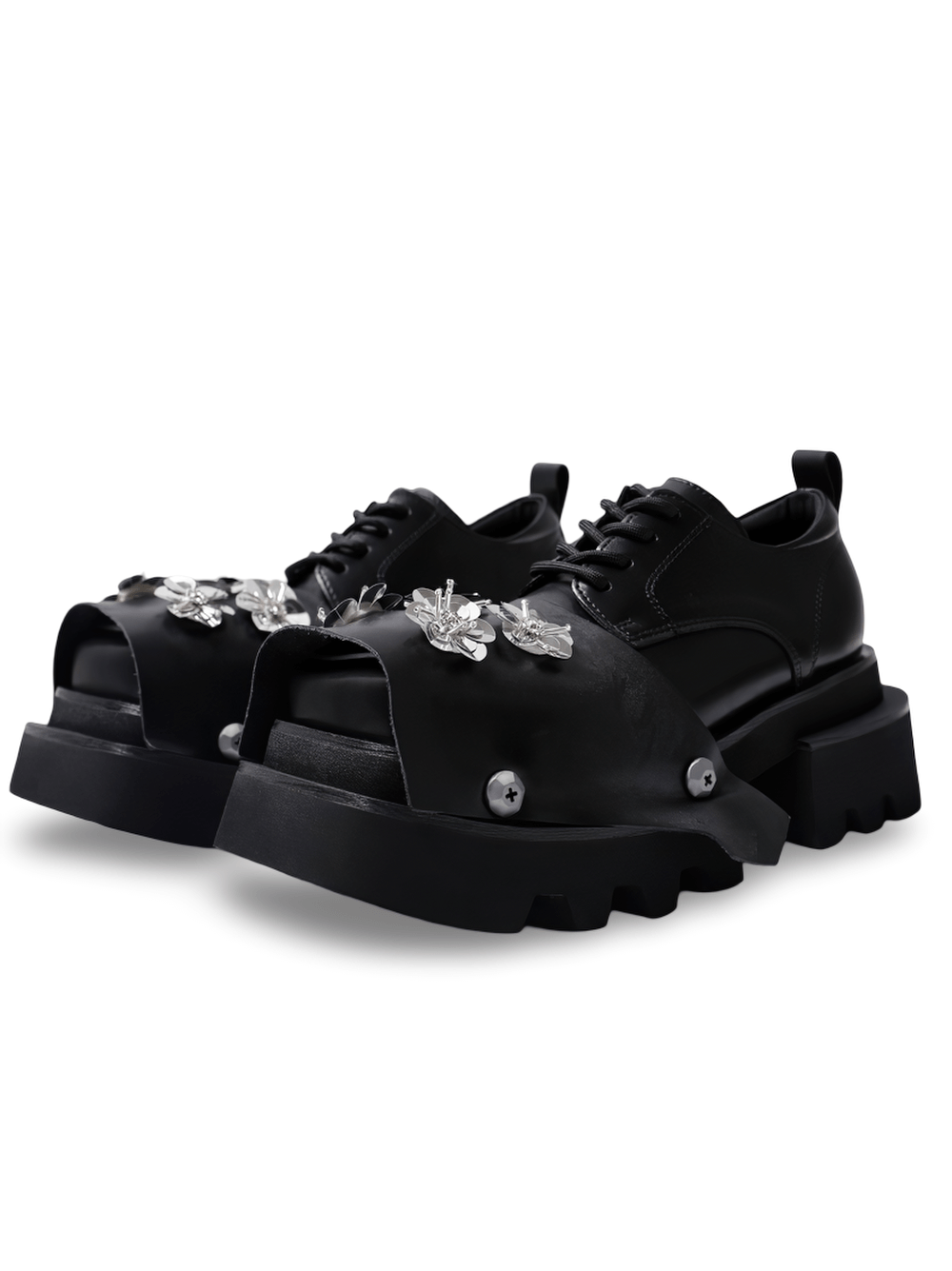 Zapatos derby de plataforma con puntera abierta y flores plateadas para hombre