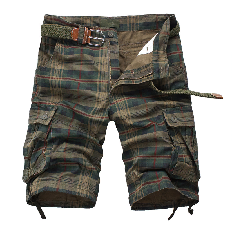 Men's plaid cargo shorts with pockets and belt, perfect for casual military style outfits.