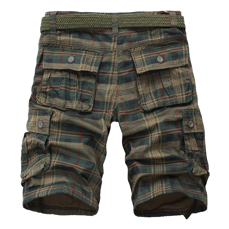 Men's plaid cargo shorts with pockets in earthy tones, perfect for casual outings and versatile styling.
