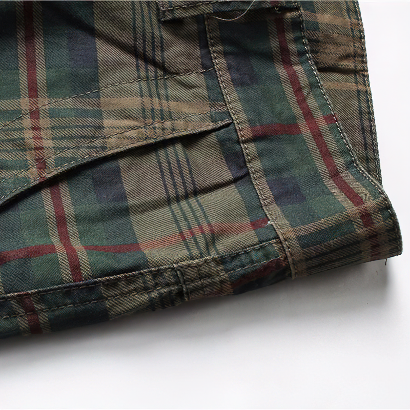 Close-up of men's plaid cargo shorts showcasing the stylish design and comfortable fabric.