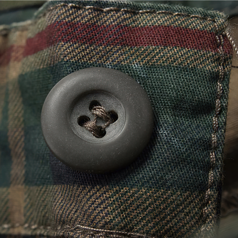 Close-up of a black button on a stylish plaid fabric, showcasing detail from men's plaid cargo shorts.
