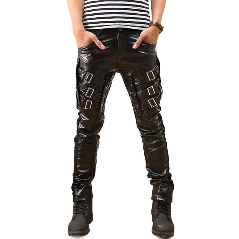 Men's PU Leather Black Skinny Pants / Men's Sexy Leather Clothing - HARD'N'HEAVY