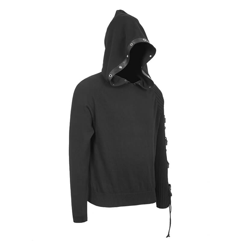 Men's Punk Asymmetry Sleeve Hoodie / Gothic Knit Sweater Hoody with Lace-up & Buckles on Sleeve - HARD'N'HEAVY