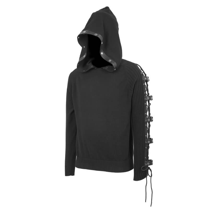 Men's black punk hoodie with asymmetrical hood and lace-up details on sleeve.