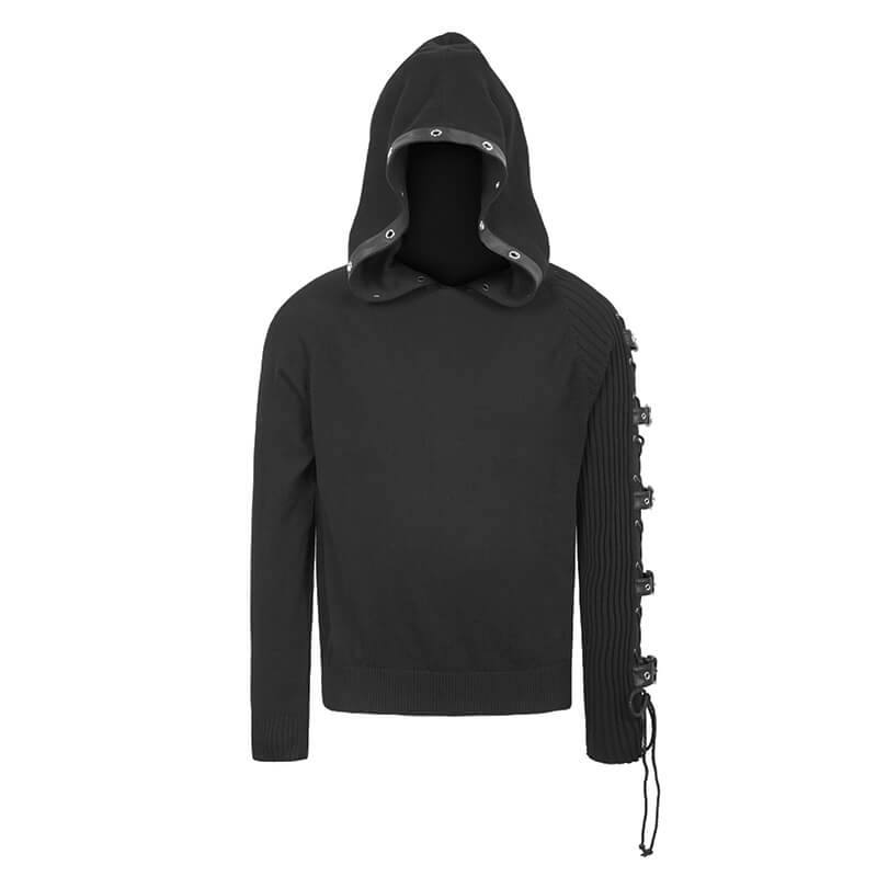 Men's Punk Asymmetry Sleeve Hoodie / Gothic Knit Sweater Hoody with Lace-up & Buckles on Sleeve - HARD'N'HEAVY