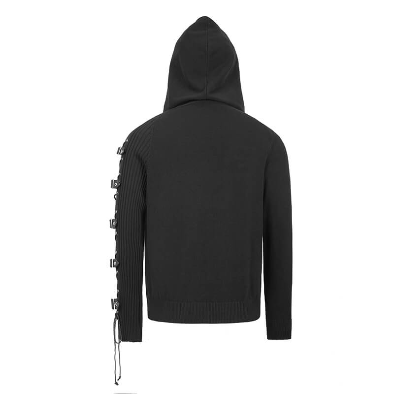 Men's black asymmetrical hoodie with lace-up and buckles on the sleeve, perfect for punk style fashion.