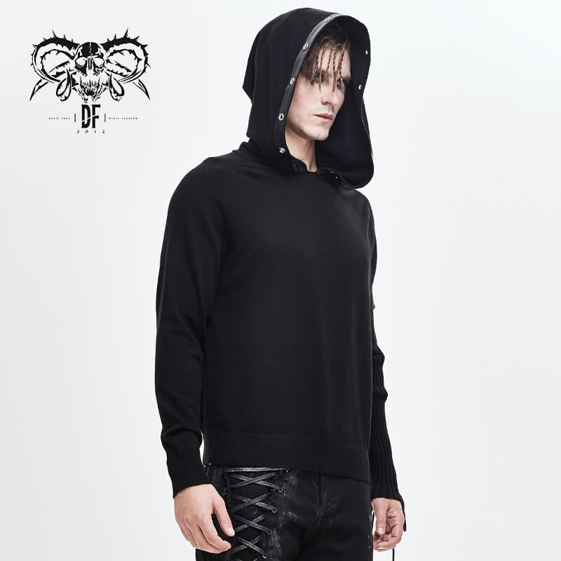 Men's Punk Asymmetry Sleeve Hoodie / Gothic Knit Sweater Hoody with Lace-up & Buckles on Sleeve - HARD'N'HEAVY