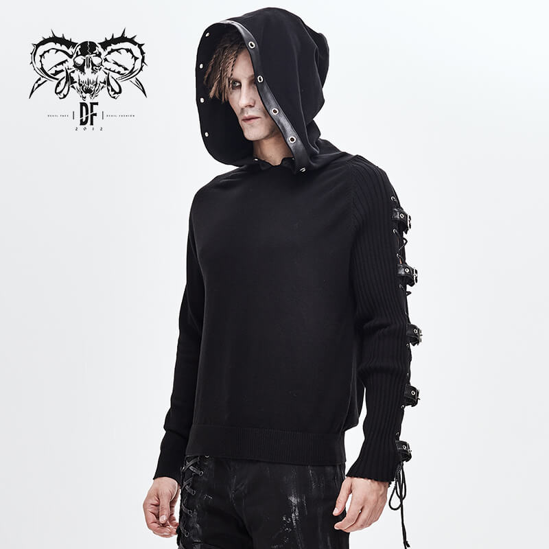 Men's black punk hoodie with lace-up and buckle details, featuring an asymmetrical hood for a stylish look.