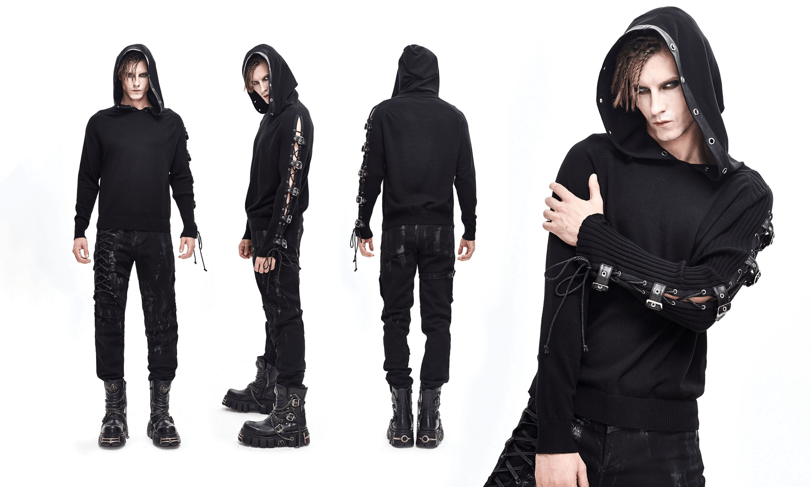 Men's black punk hoodie with asymmetrical sleeves and lace-up details, perfect for a stylish gothic look.