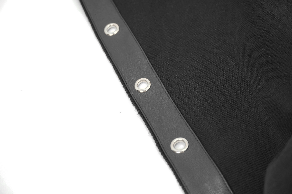 Close-up of black hoodie sleeve featuring metal lace-up eyelets and leather trim for a punk style look.