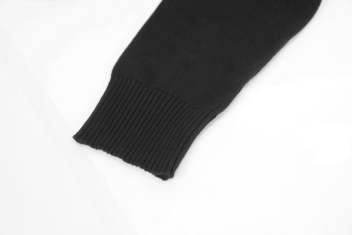 Close-up of the ribbed cuff of a black men's punk hoodie sleeve, showcasing its stylish design and knit texture.
