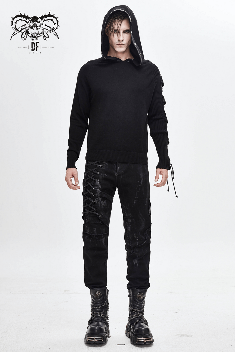Men's black punk hoodie with lace-up details and asymmetrical sleeves, paired with stylish black pants.