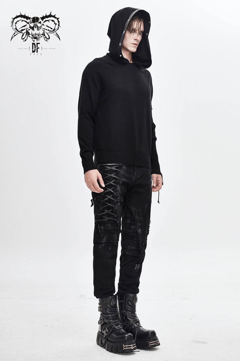 Men's black punk asymmetrical sleeve hoodie with lace-up detailing, paired with edgy black pants and boots.