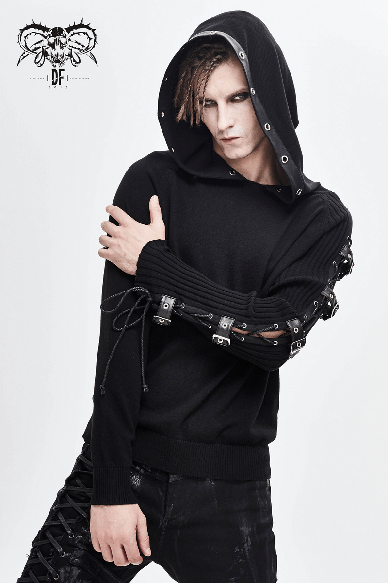 Men's punk asymmetry sleeve hoodie in black, featuring lace-up and buckles, perfect for a gothic style.