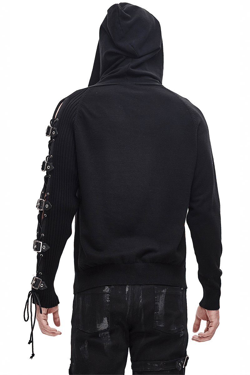 Men's Punk Asymmetry Sleeve Hoodie / Gothic Knit Sweater Hoody with Lace-up & Buckles on Sleeve - HARD'N'HEAVY