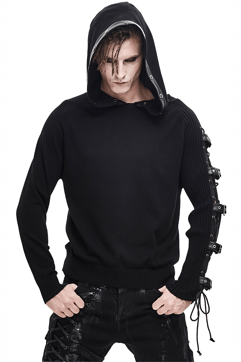 Men's black punk hoodie with asymmetrical sleeve, lace-up detail and stylish hood.