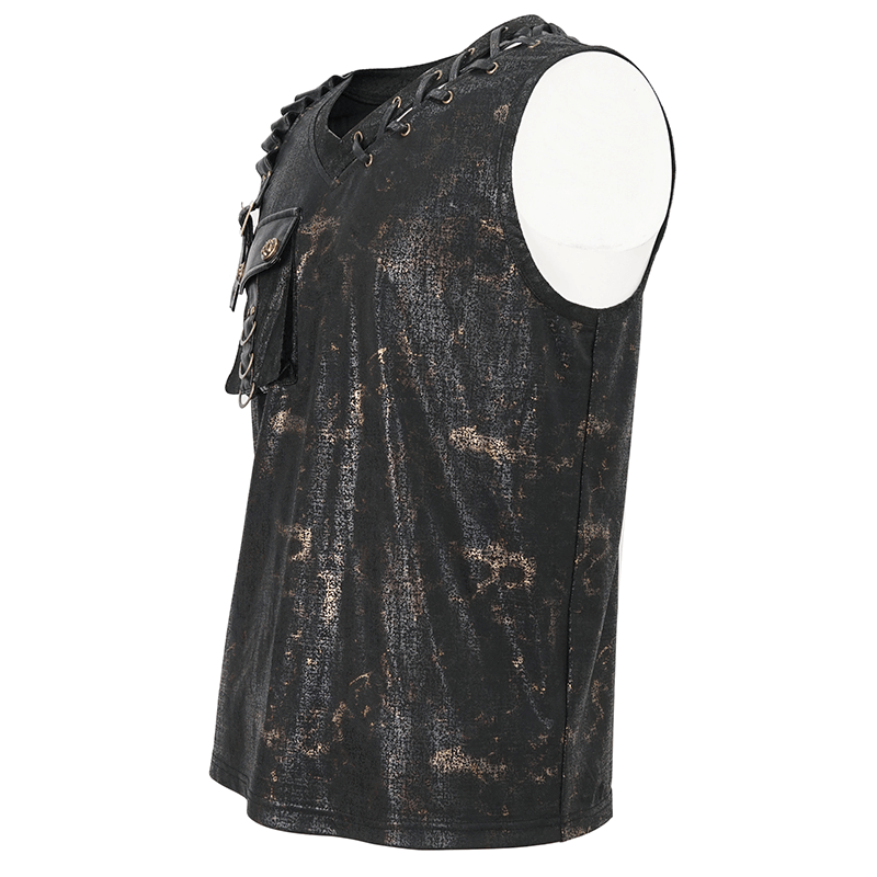 Men's punk-style big-pocket buckle tank top featuring lace-up side and bold V-neckline.