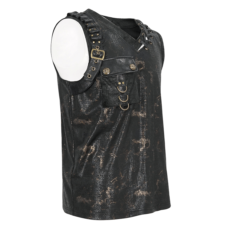Men's punk big-pocket buckle tank top with lace-up side and bold V-neck, showcasing edgy style and utility.