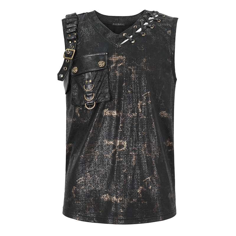 Men's punk big-pocket buckle tank top with lace-up side and bold V-neckline, perfect for stylish rebellion.