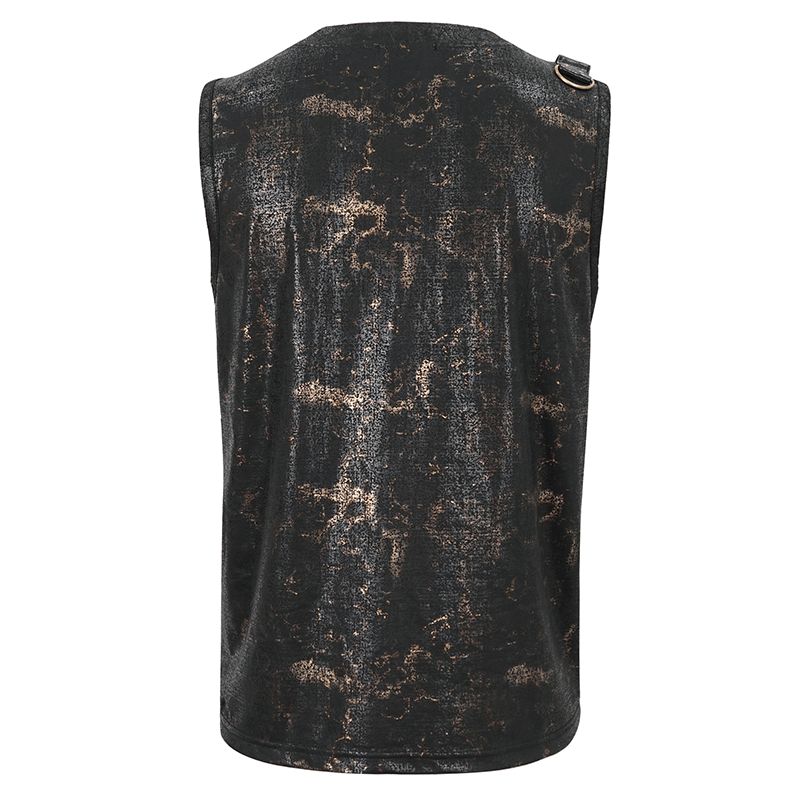 Back view of men's punk big-pocket buckle tank top, showcasing textured black fabric and metallic buckle detail.