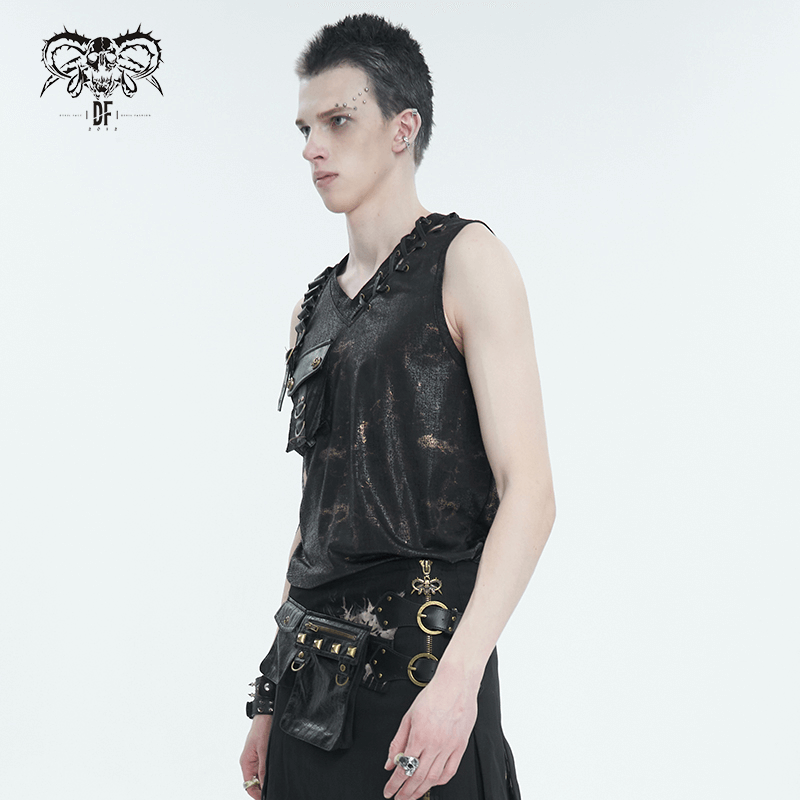 Men's punk V-neck tank top with side lace-up, metallic buckle, and large pocket for edgy style.