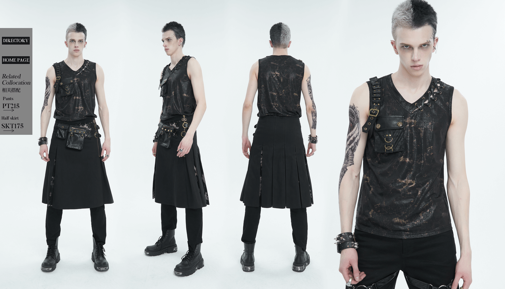 Men's punk big-pocket buckle tank top with lace-up side, showcasing a bold V-neck and edgy style.