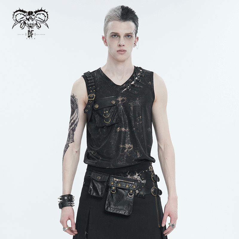 Men's Punk Big-pocket Buckle Tank Top / Punk Style V-neck Tank with Lace-Up Side - HARD'N'HEAVY
