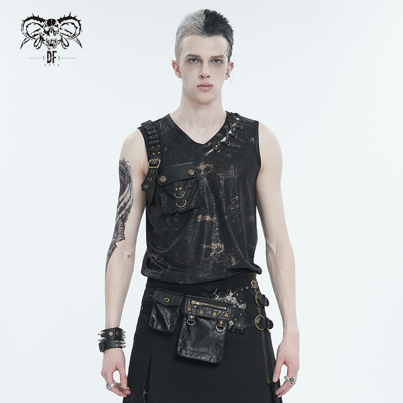 Men's punk tank top with large pocket and buckle details, showcasing a rebellious V-neck style.