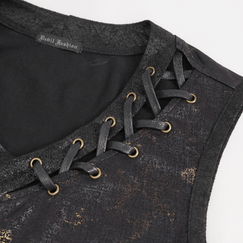 Close-up of men's punk tank top showing lace-up side detail and textured fabric.