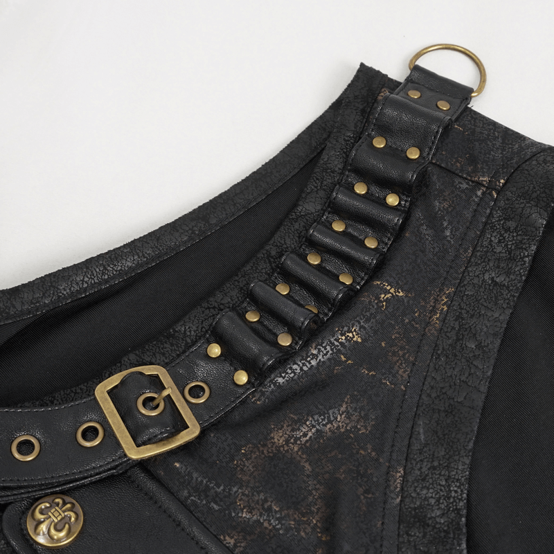 Close-up of men's punk big-pocket buckle tank top showcasing leather strap and metallic buckle detail.