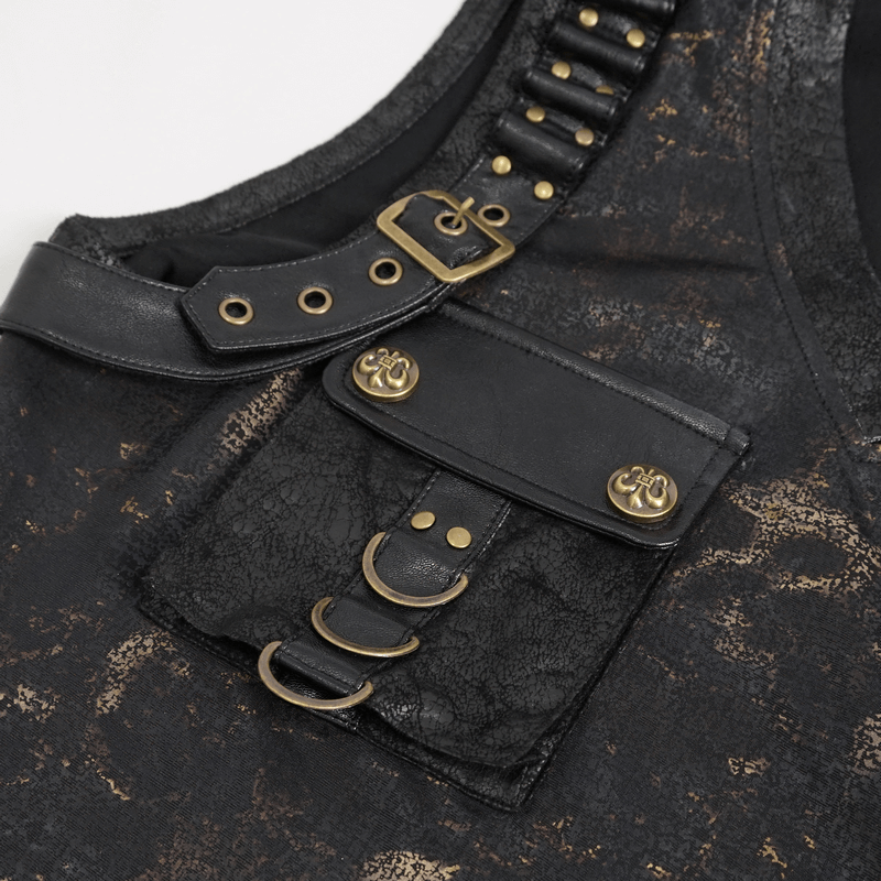 Close-up of men's punk style tank top with buckle and large utility pocket, showcasing rebellious fashion details.